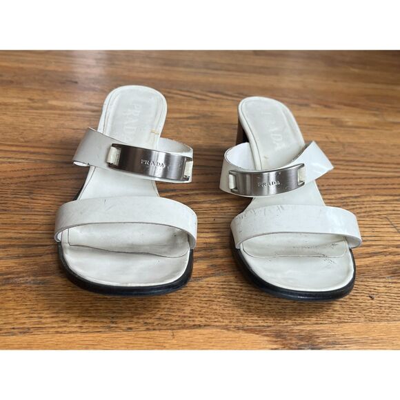 Prada White Summer Kitten Heel Mules Sandals Shoes  Women's Size EU 37.5 US 6.5 - Picture 1 of 8